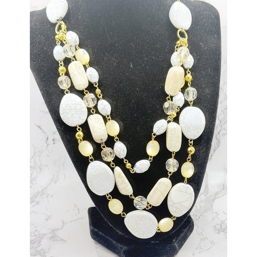 Layered Neutral Beaded Necklace Cream Gray Gold Multi Strand